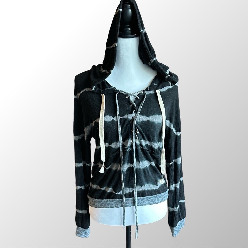 POL Hoodie NWOT Women Small Black Tie Dye Lace Up Long Sleeve Top SMT1540